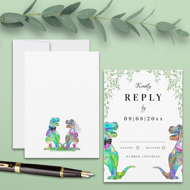 Resposta de Casamento do Tema Dinossauro (Botanical dinosaur wedding invitation with qr code and watercolor eucalyptus foliage)