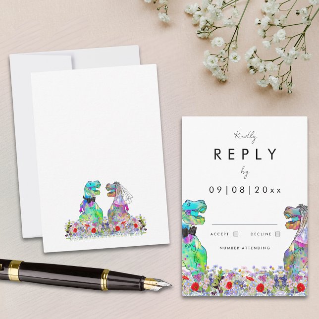 Resposta de Casamento do Tema Dinossauro (Modern wildflower dinosaur theme wedding reply enclosure card)