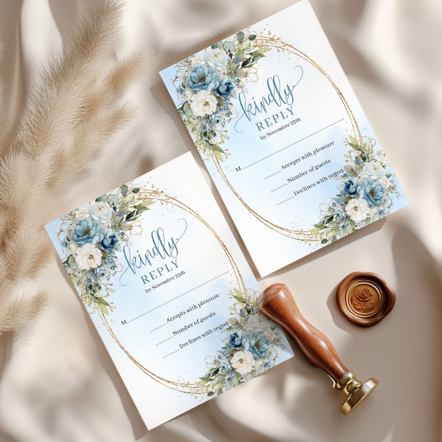 Resposta de Casamento Floral Azul Branco Sofistica (Sophisticated Blue White Floral Wedding RSVP)