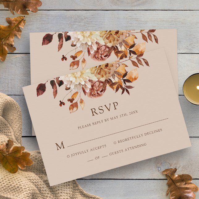 Resposta de Casamento Floral em Aquarela Outono Be (Taupe Fall Watercolor Copper Floral Wedding RSVP Card by Painted Paperie
)