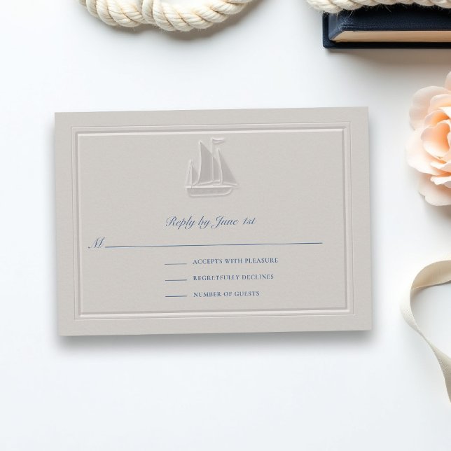 Resposta de Casamento Formal Clássico de Barco à V (coastal wedding rsvp sail boat formal traditional double frame modern classic faux embossed)