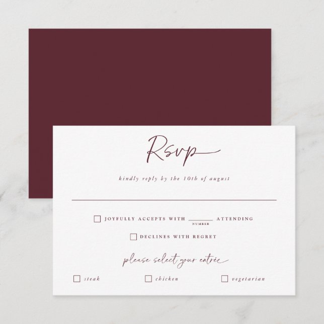 Resposta de Casamento Merlot Moderna Caligrafia (Frente/Verso)