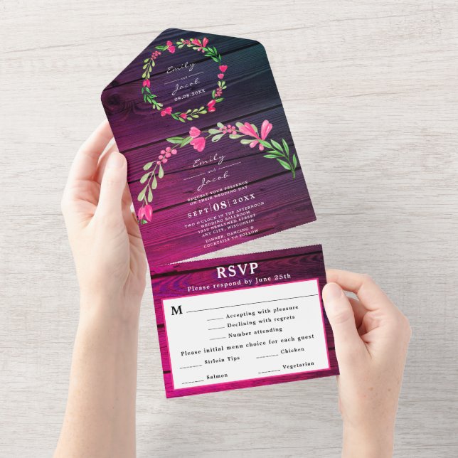 Resposta de Convite de Casamento Rústico Roxo Flor (Aba destacável)
