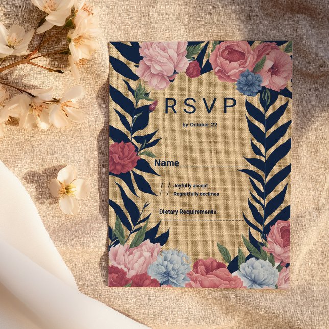 Resposta de convite floral rústico country em marf (Country rustic ivory navy blue pink floral RSVP)