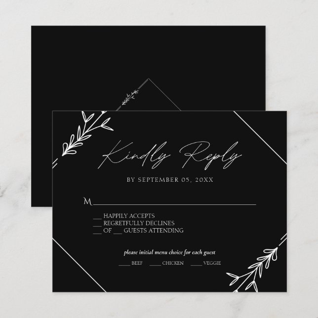 Resposta de Escolha de Menu de Casamento Preto e B (Frente/Verso)