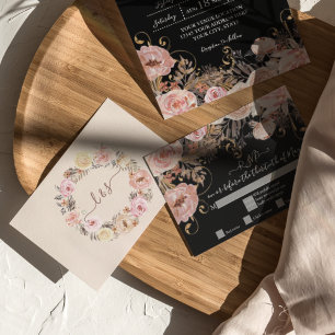 Resposta de RSVP Boho Preto Floral Rosa Dourado