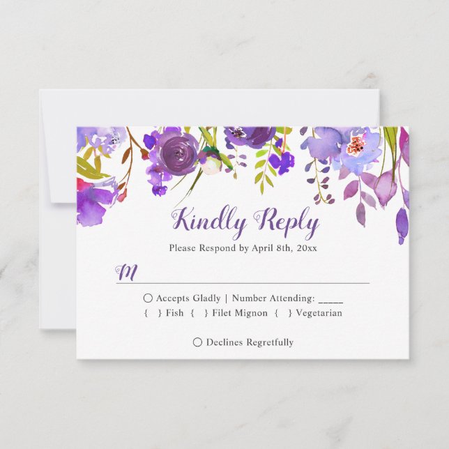 Resposta de RSVP de Casamento Floral Roxo Violeta  (Frente)