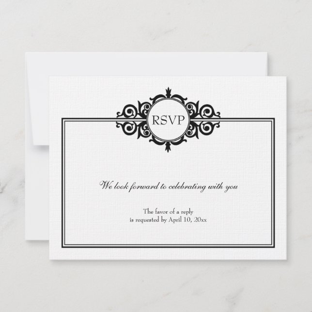 Resposta de RSVP de casamento vitoriano em preto e (Frente)