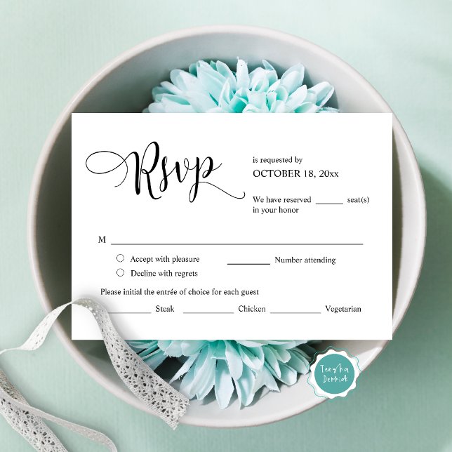 Resposta de RSVP de Convite de Casamento, Cartão d (Modern Wedding Invitation RSVP card, with meal options, accept, decline and number attending.)