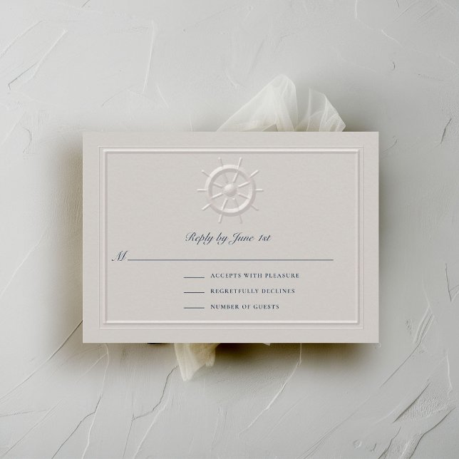 Resposta Formal De Casamento Do Armário Costeiro (coastal nautical wedding rsvp card faux embossed boat helm double frame modern classic navy ivory)