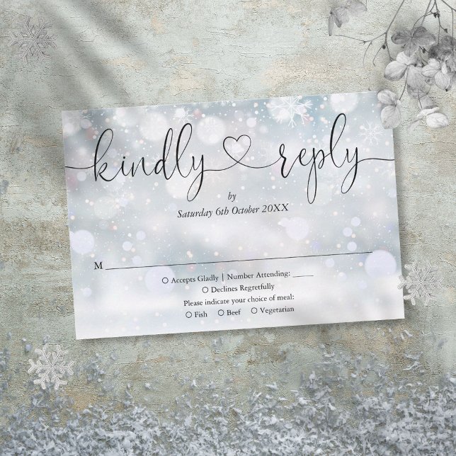 Resposta Gentil Coração de Script de Flocos de Nev (Winter Snowflakes Script Heart Kindly Reply RSVP Card)