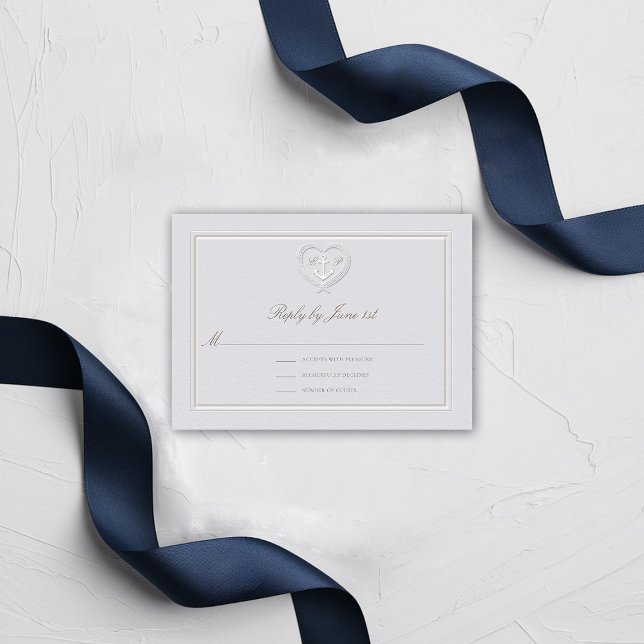 Resposta Náutica de Casamento RSVP Clássico de Cor (nautical wedding RSVP classic formal traditional frame faux embossed anchor crest monograms)