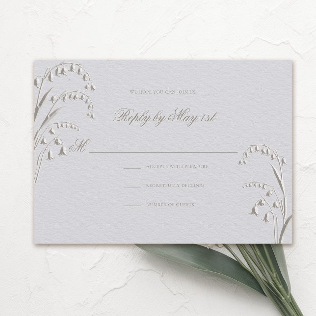 Resposta Nupcial Clássica de Faux Embossed Lily Va (formal wedding rsvp reply response card classic traditional faux embossed lily of the valley ivory)