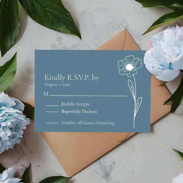 Resposta para Casamento com Flor Silvestre Azul Em (Dusty Blue and White Wildflower Simple Modern RSVP Response Card Change to your own color!)