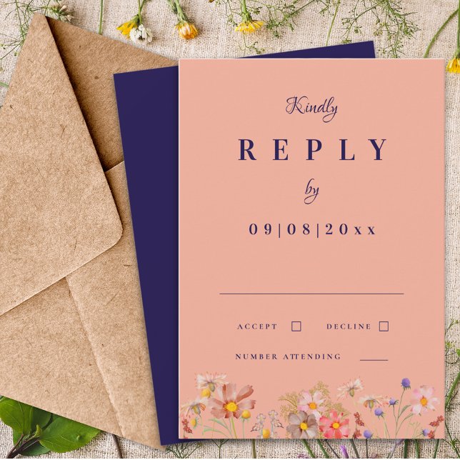 Resposta para Casamento de Outono com Laranja Quei (Wildflower navy blue terracotta burnt orange peach fall wedding invitation reply rsvp enclosure card)