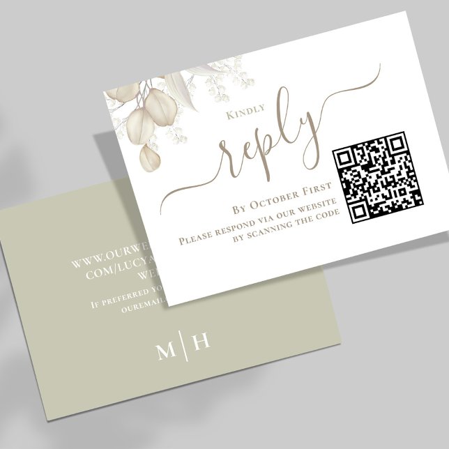 Resposta Personalizada RSVP de Casamento Verde (Simple Wedding reply card with a sage green background and QR code template.)