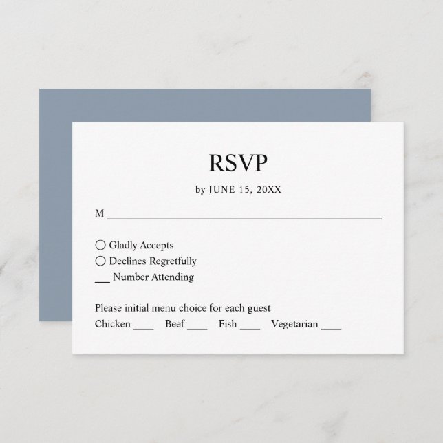 Resposta RSVP de Casamento Azul Dusty Minimalista  (Frente/Verso)