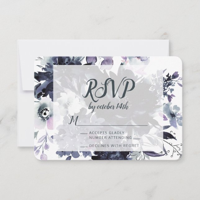 Resposta RSVP de Casamento Azul Floral Nocturna (Frente)