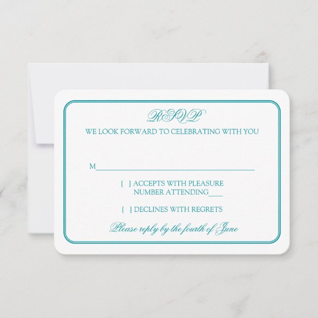 Resposta RSVP de Casamento Branca e Teal Tradicion (Frente)