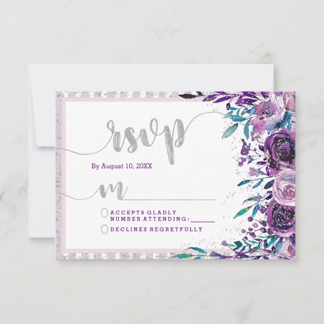 Resposta RSVP de Casamento Floral e Silver Purple (Frente)