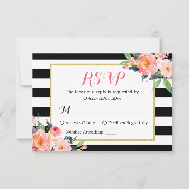Resposta RSVP Floral de Stripes Brancas Negras Clá (Frente)