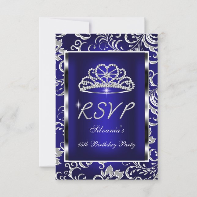 Resposta RSVP Quinceanera Dark Blue Damask Silver (Frente)