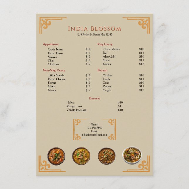 Restaurante Indiano Moderno Menu Plano Borda Doura (Frente)