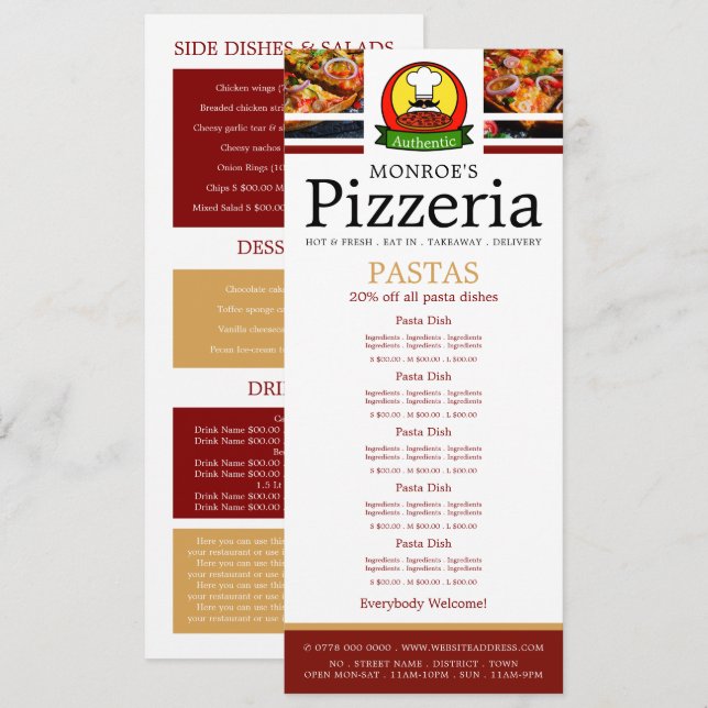 Restaurante Pizza, Menu Slimline Pasta (Frente/Verso)