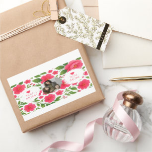 Retangular Adesivo de Foto Personalizado Vermelho Floral - Am