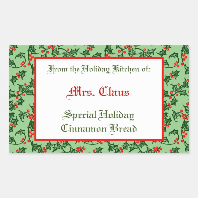 Retangular Holly e Berries - Adesivo de cozedura editável em  (Frente)