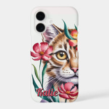 Retrato Artístico de Gato em Aquarela com Florais