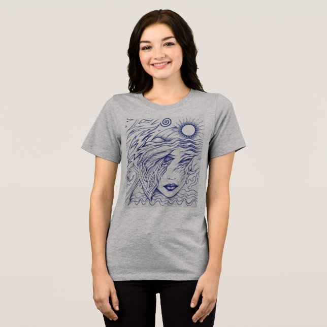 Retrato Celestial Feminino em Linha de Tinta Azul (Frente Completa)