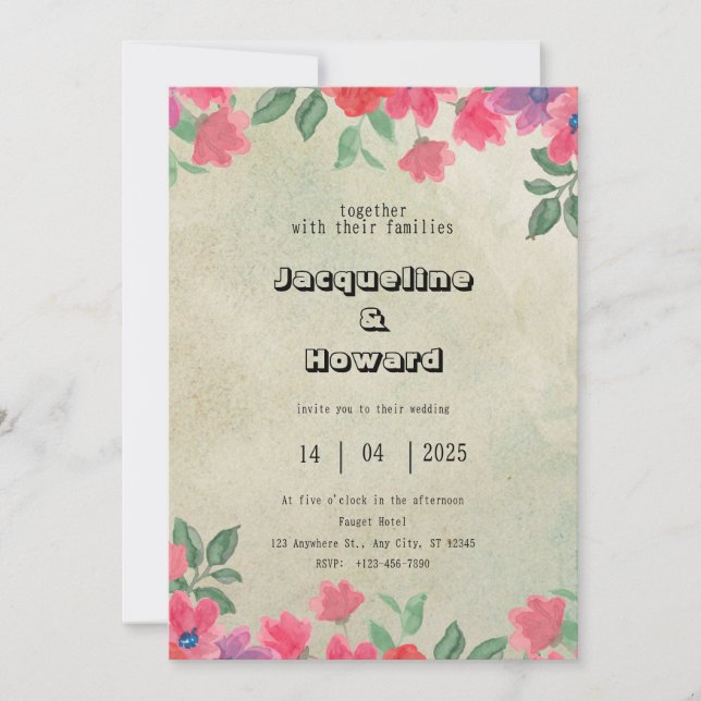 Retrato de Convite de Casamento Floral Rosa (Frente)