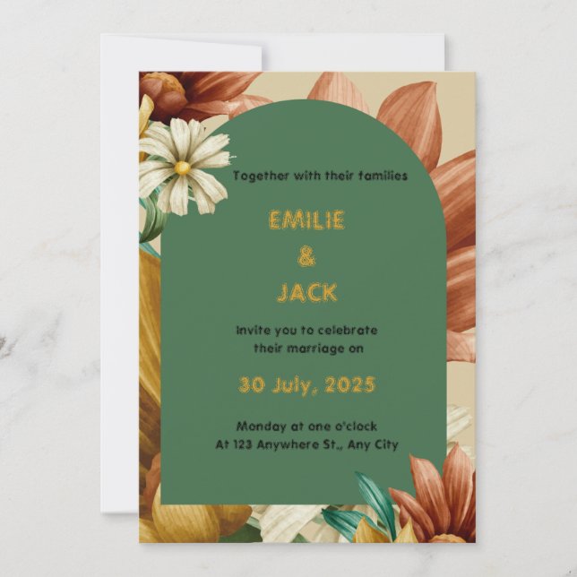 Retrato de Convite para Casamento Foral Colorido (Frente)