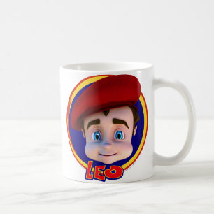Retrato de Leo com caneca do logotipo