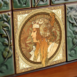 Retrato de Mulher de Alphonse Mucha Arte Nova Vint
