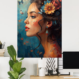 Retrato de Mulher Floral Arte Poster Borboletas