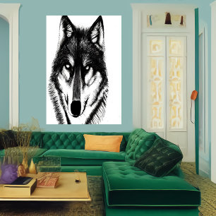 Retrato do lobo preto e branco AI Art Poster