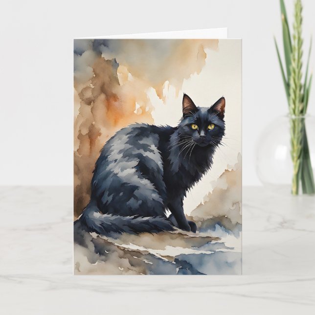 Retrato em Aquarela de Gato Preto Cartão de Boas-v (Frente)