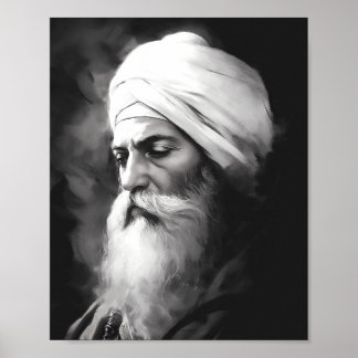 Retrato Guru Nanak - Poster Sikh preto e branco