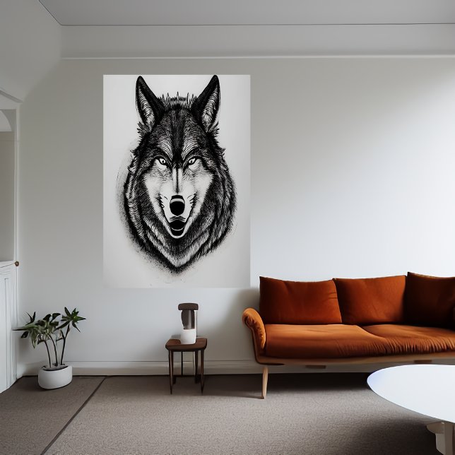 Retrato preto e branco de um lobo | AI Art Poster (Criador carregado)