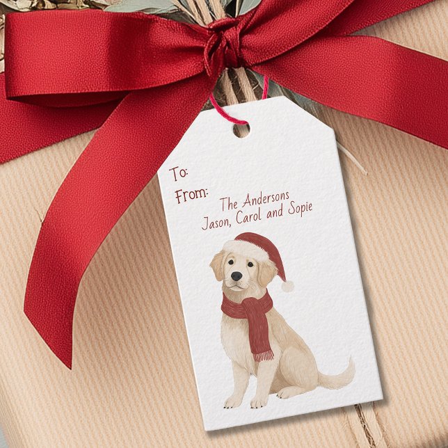 Retriever de ouro na Etiqueta de Natal do Santa Ha (Golden Retriever in Santa Hat Christmas Gift Tag)
