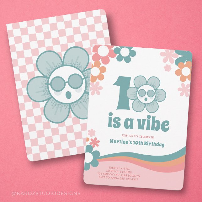 Retro 10º Convite de festas de aniversariante (This 10th birthday invitation is shown in 5x7 inches with rounded corners. )