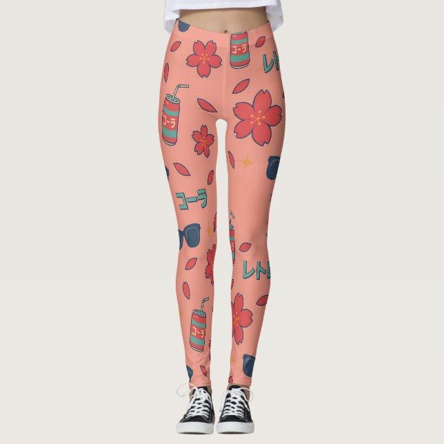 Retro Anime Vacation Icons – Kawaii Neon Leggings (Frente)