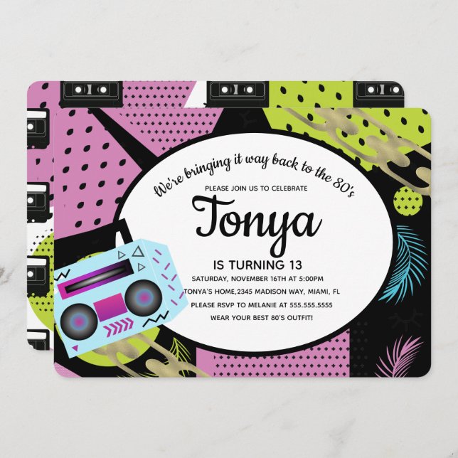 Retro Aniversário dos anos 80 e 90 Devolve Convite (Frente/Verso)