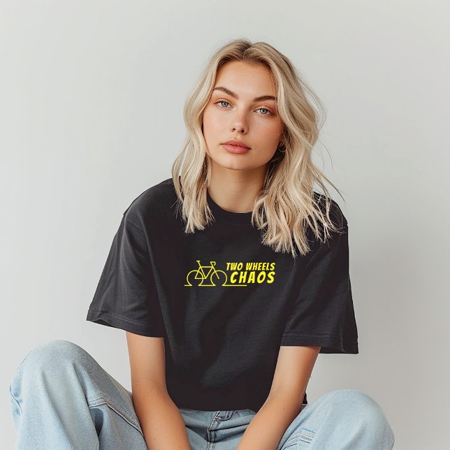 Retro bike Girl Irony black yellow (Retro bike Girl Irony Shirt. A fun retro bike graphic and the  saying "Two Wheels, Chaos".)