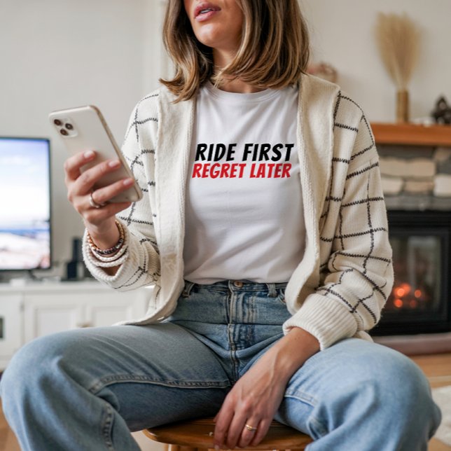 Retro bike Girl Irony red black (Accompanying the bike graphic is a fun and playful saying: "Ride First, Regret Later.")