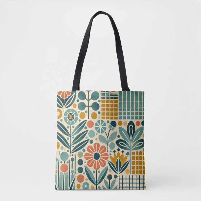 Retro Bloom Grid, saco de tote floral (Frente)