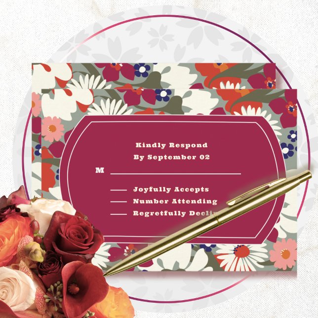 Retro Boho Chic Floral Burgundy Casamento RSVP (Criador carregado)