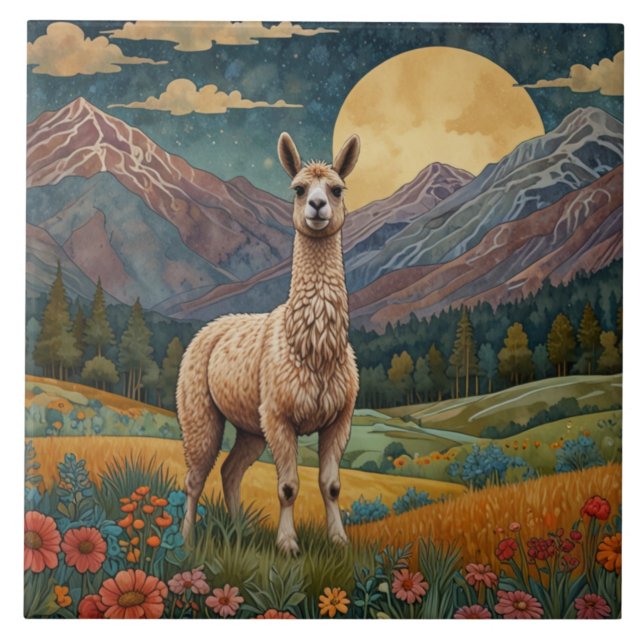 Retro boho lama alpaca montanha paisagem (Frente)